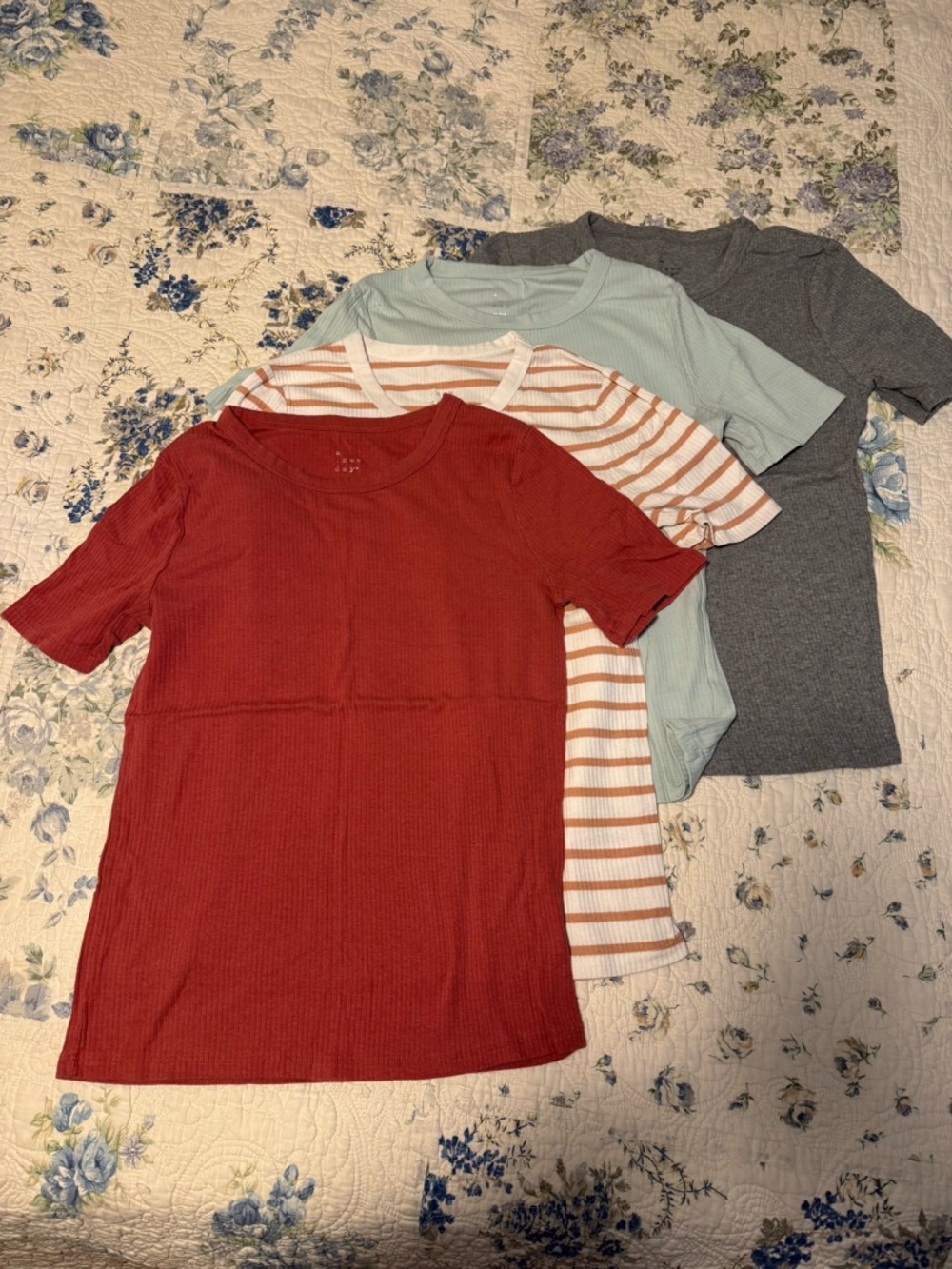 Women’s Short Sleeve Ribbed Tee - Red, Cream Stripe, Mint & Gray - A New Day